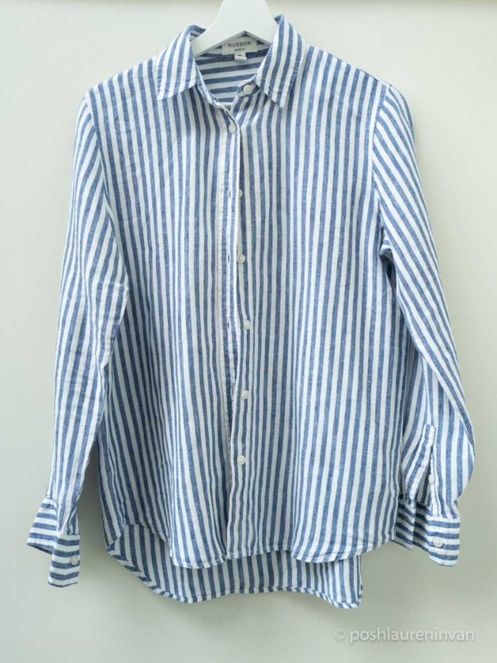 Hudson North Striped Button-Down Linen Shirt Blue and White Stripes Size Small